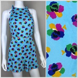 Vintage 1970s Psychedelic Aqua Floral Set, Tunic and Shorts, Corky Craig, Small
